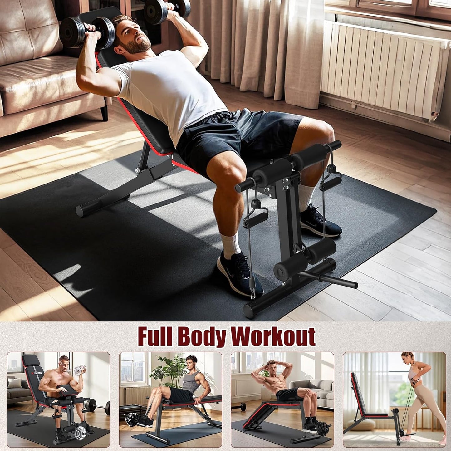 XDDIAS Adjustable Weight Bench, Workout Bench with Leg Extension and Preacher Curl Pad, Weight Bench for Home Gym, Foldable Exercise Bench, Quick Adjustment Incline Bench Press