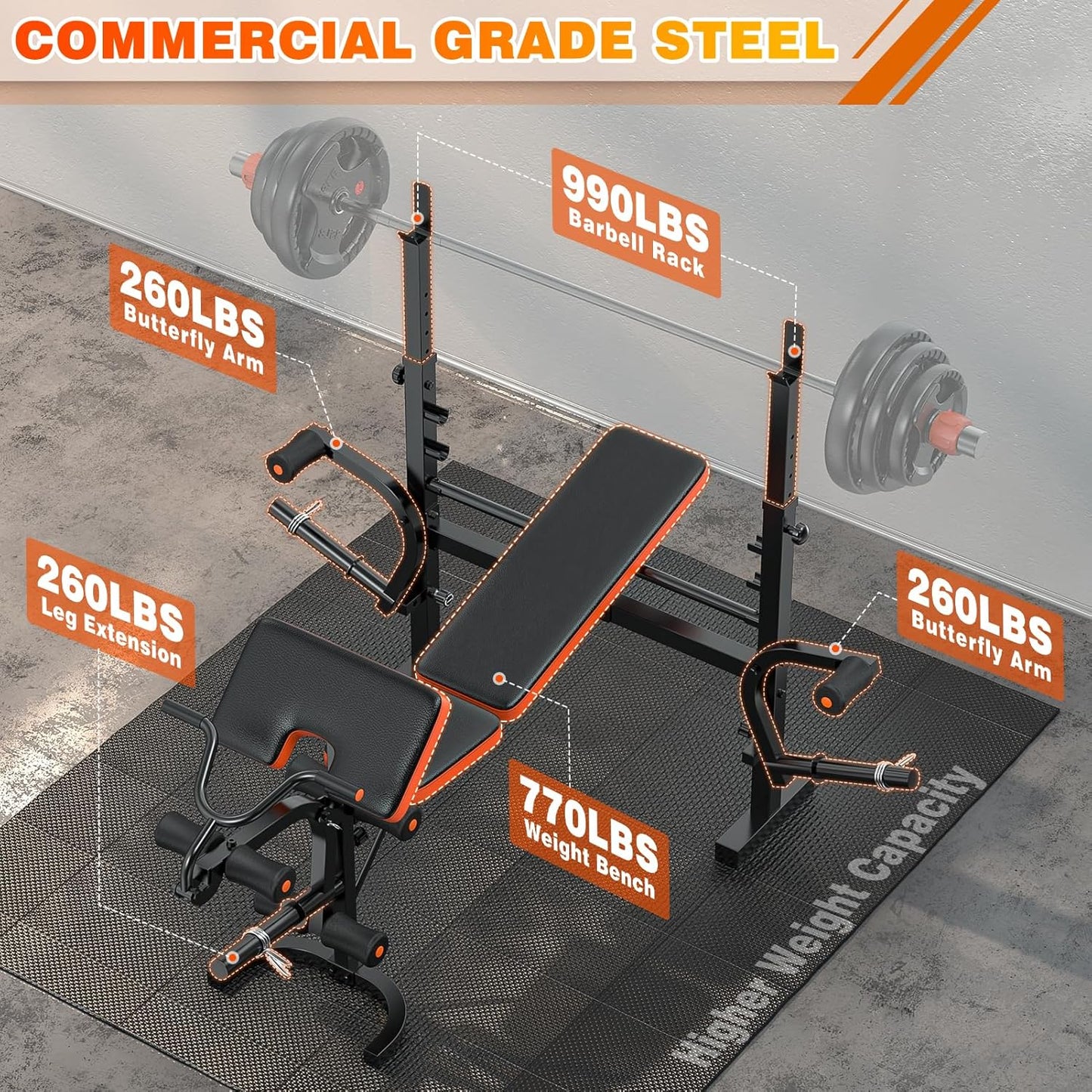 XDDIAS Weight Bench, 770LBS Bench Press Set with Leg Extension, 6 in 1 Olympic Weight Bench for Home Gym, Adjustable Workout Bench with Rack & Preacher Pad, Flat Incline Bench for Weight Lifting